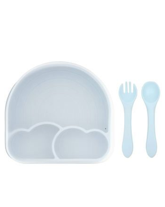 Baby Donkey Παιδικό Πιάτο σιλικόνης με βεντούζα ,καπάκι και κουτάλι/ πιρούνι ουράνιο τόξο (γαλάζιο) SIPLATERAIN1