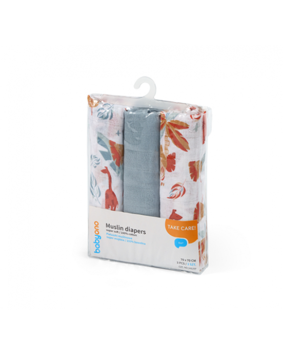 BabyOno Βαμβακερές πάνες αγκαλιάς - μουσελίνες 70x70 cm blue/grey (Σετ 3 τμχ) BN348/07