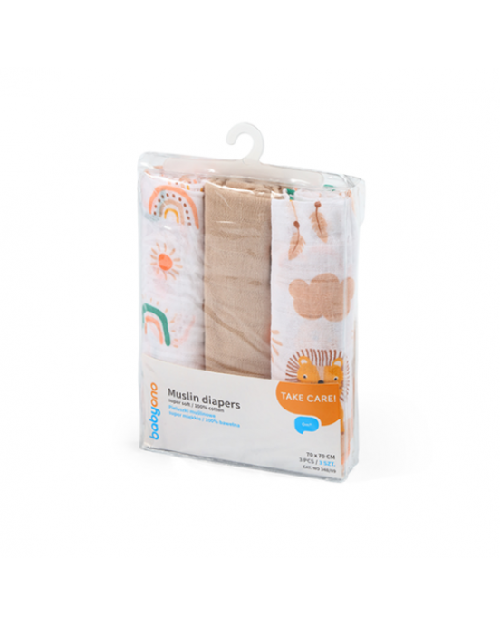 BabyOno Βαμβακερές πάνες αγκαλιάς - μουσελίνες 70x70 cm Rainbow (Σετ 3 τμχ) BN348/08