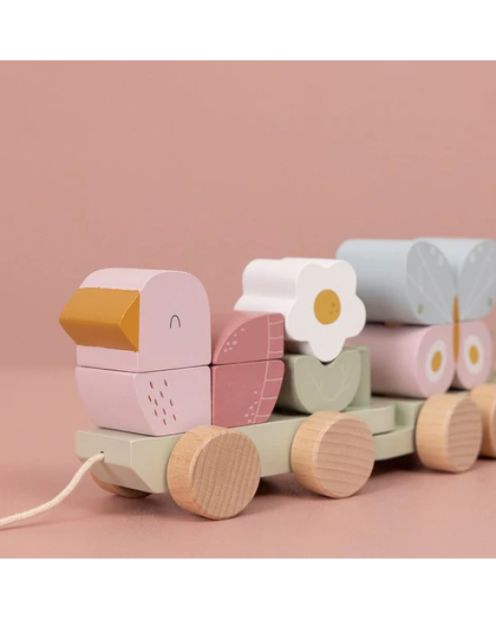 Little Dutch Ξύλινο τρενάκι με άσκηση λεπτής κίνησης Flowers & Butterflies LD7067