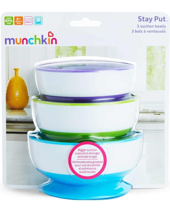 Munchkin Πολύχρωμα Μπωλ Φαγητού με Βεντούζα 6m+ Blue/Purple 3τμχ 1107502