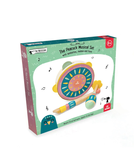 Svoora Ξύλινο Σετ με Ταμπουρίνο-Ντέφι, Μαράκα και μίνι Φλογέρα "Παγώνι" 14057