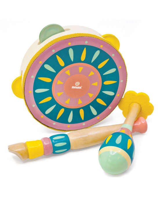 Svoora Ξύλινο Σετ με Ταμπουρίνο-Ντέφι, Μαράκα και μίνι Φλογέρα "Παγώνι" 14057