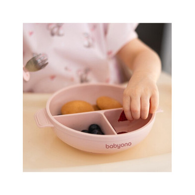  BabyOno: Πιάτο σιλικόνης με 3 θέσεις, καπάκι & βάση με βεντούζα - Ροζ BN1661/02