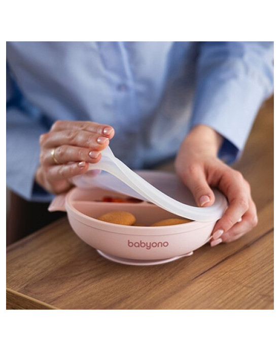  BabyOno: Πιάτο σιλικόνης με 3 θέσεις, καπάκι & βάση με βεντούζα - Ροζ BN1661/02