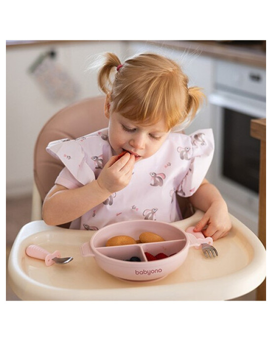  BabyOno: Πιάτο σιλικόνης με 3 θέσεις, καπάκι & βάση με βεντούζα - Ροζ BN1661/02