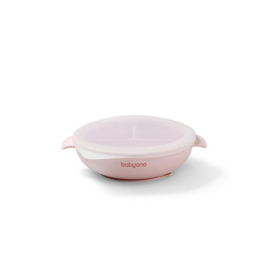  BabyOno: Πιάτο σιλικόνης με 3 θέσεις, καπάκι & βάση με βεντούζα - Ροζ BN1661/02