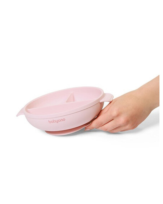  BabyOno: Πιάτο σιλικόνης με 3 θέσεις, καπάκι & βάση με βεντούζα - Ροζ BN1661/02