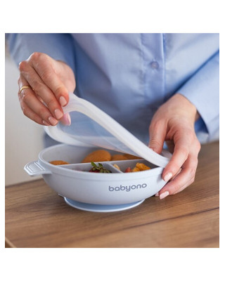 BabyOno: Πιάτο σιλικόνης με 3 θέσεις, καπάκι & βάση με βεντούζα - Μπλε BN1661/01