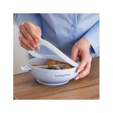 BabyOno: Πιάτο σιλικόνης με 3 θέσεις, καπάκι & βάση με βεντούζα - Μπλε BN1661/01