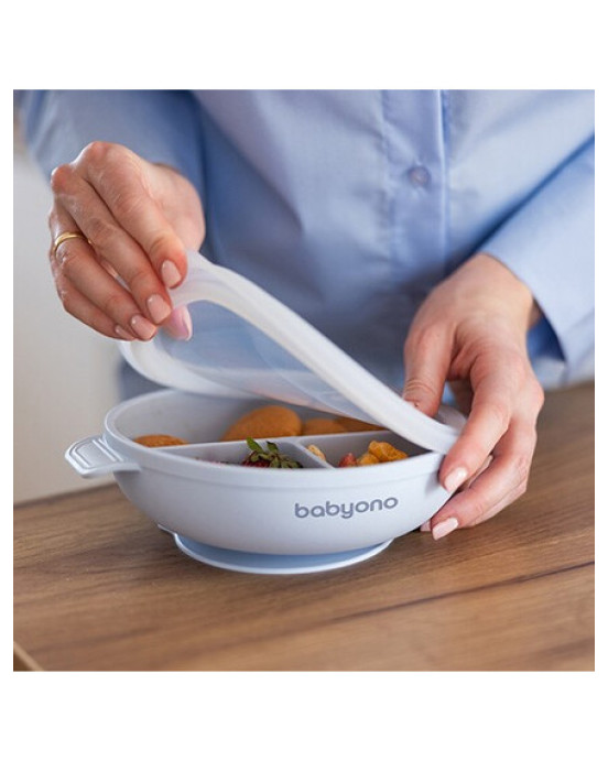 BabyOno: Πιάτο σιλικόνης με 3 θέσεις, καπάκι & βάση με βεντούζα - Μπλε BN1661/01