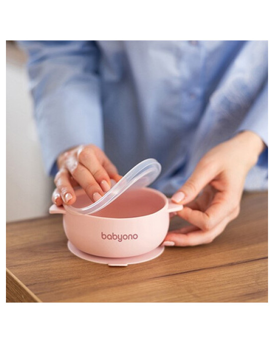 BabyOno: Μπολάκι σιλικόνης με λαβές, καπάκι & βάση με βεντούζα - Ροζ BN1662/02