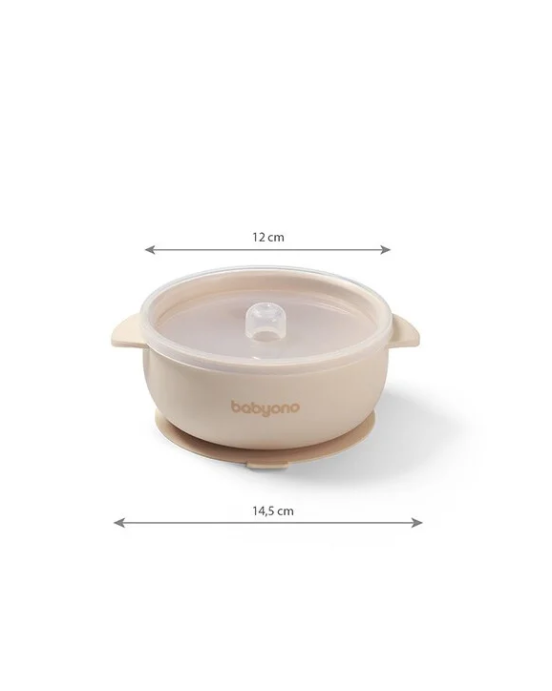 BabyOno: Μπολάκι σιλικόνης με λαβές, καπάκι & βάση με βεντούζα - Μπεζ BN1662/03