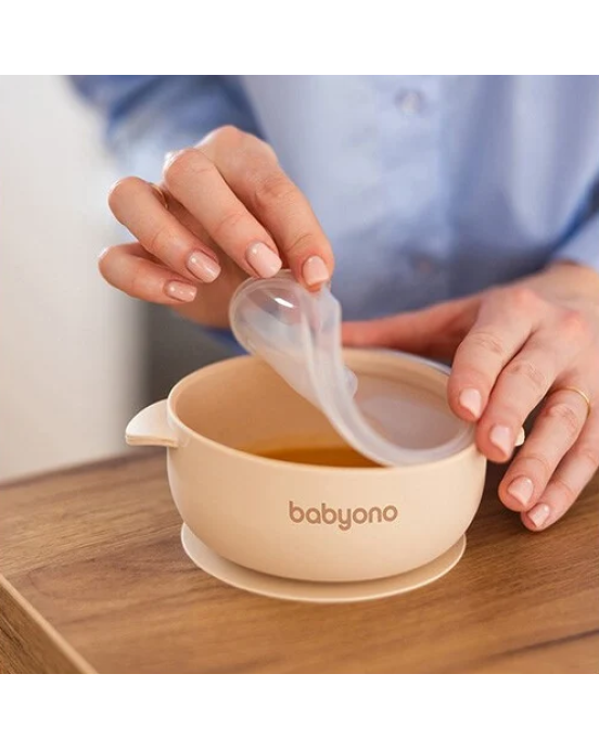 BabyOno: Μπολάκι σιλικόνης με λαβές, καπάκι & βάση με βεντούζα - Μπεζ BN1662/03