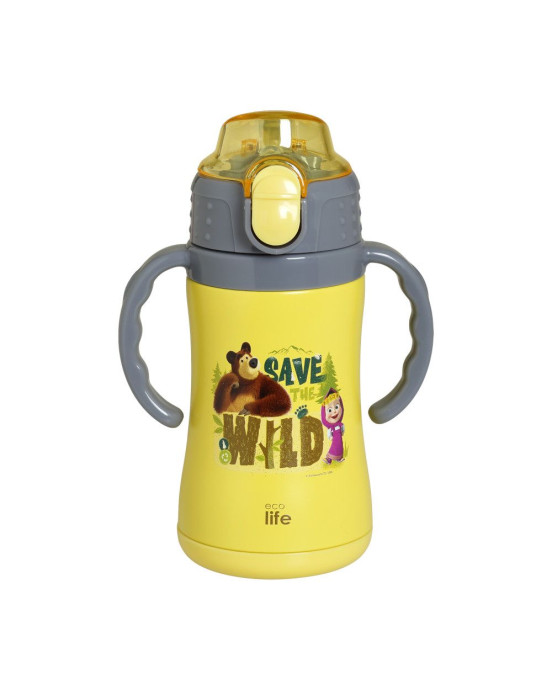 Ecolife Παιδικό Θερμός με Καλαμάκι 300ml Masha -Save The Wild κίτρινο 33-BO-2123