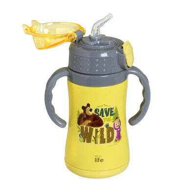 Ecolife Παιδικό Θερμός με Καλαμάκι 300ml Masha -Save The Wild κίτρινο 33-BO-2123