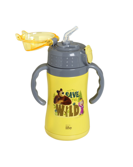 Ecolife Παιδικό Θερμός με Καλαμάκι 300ml Masha -Save The Wild κίτρινο 33-BO-2123