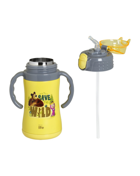 Ecolife Παιδικό Θερμός με Καλαμάκι 300ml Masha -Save The Wild κίτρινο 33-BO-2123