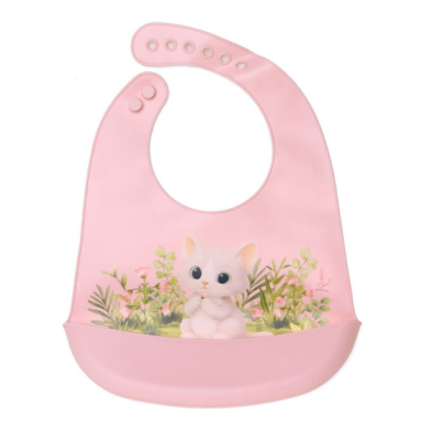 Kiokids Σαλιάρα Σιλικόνης με τσέπη Γατάκι ροζ 6652