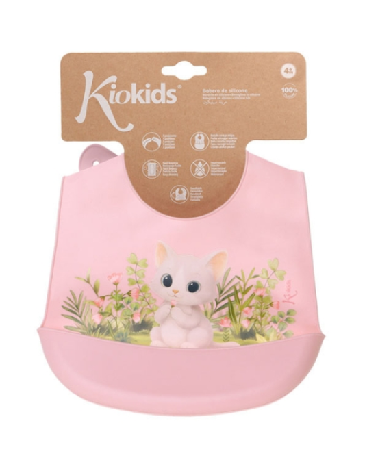 Kiokids Σαλιάρα Σιλικόνης με τσέπη Γατάκι ροζ 6652