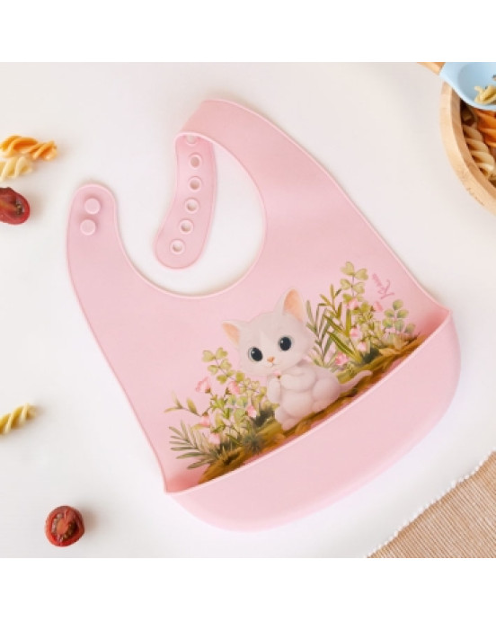 Kiokids Σαλιάρα Σιλικόνης με τσέπη Γατάκι ροζ 6652