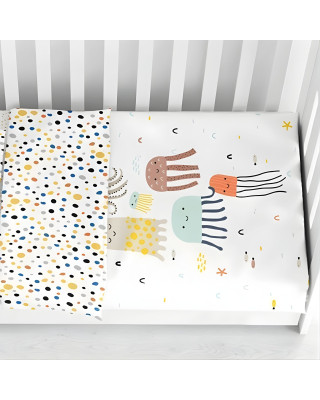 COZYKIDS. Σετ κλινοσκέπασμα + σεντόνι με λάστιχο (ενωμένα με φερμουάρ) Μέδουσες 70x140