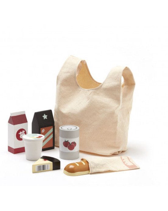 KIDS CONCEPT. Σακούλα για ψώνια με 6 ξύλινα προϊόντα