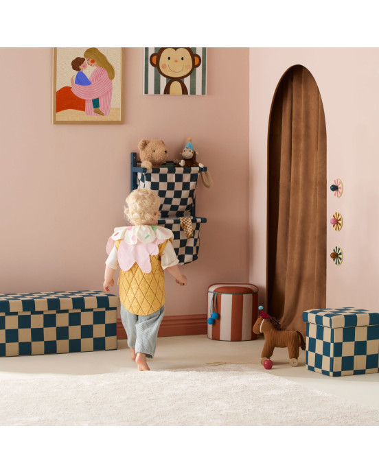 KIDS CONCEPT. Σκαμπό με αποθηκευτικό χώρο  30cm (πετρόλ-λευκό καρό)