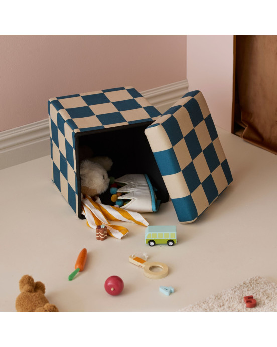 KIDS CONCEPT. Σκαμπό με αποθηκευτικό χώρο  30cm (πετρόλ-λευκό καρό)