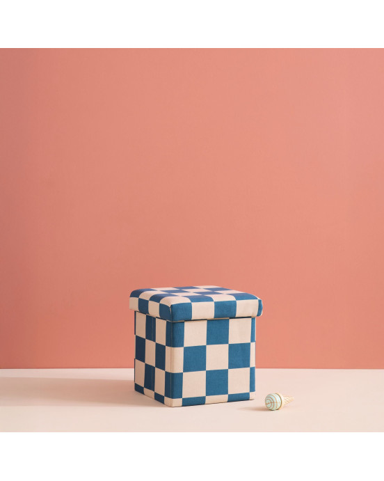 KIDS CONCEPT. Σκαμπό με αποθηκευτικό χώρο  30cm (πετρόλ-λευκό καρό)