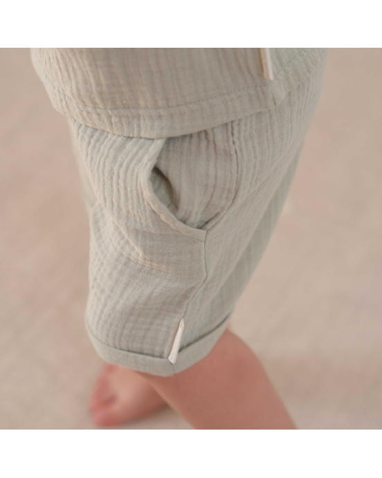 LITTLE DUTCH. Μπλουζάκι μακρυμάνικο με κουμπάκια από μουσελίνα Grass Green - Νο 86