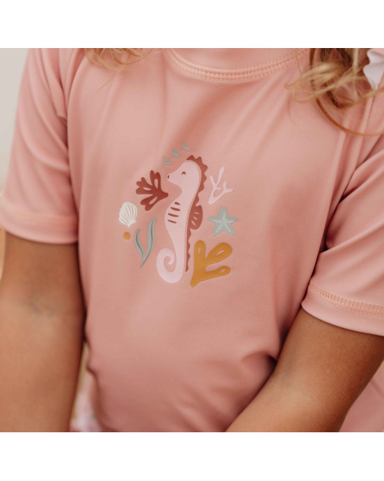 LITTLE DUTCH. Μπλουζάκι κοντομάνικο με βολάν με προστασία UV Seahorse Pink - No 62/68