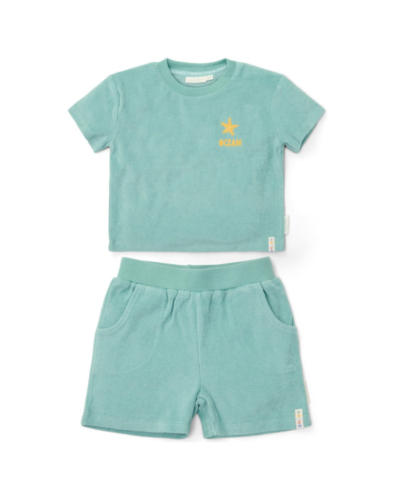 LITTLE DUTCH. Σετ μπλουζάκι και κοντό παντελονάκι Seashells and Stripes Surf Blue - Νο 98/104