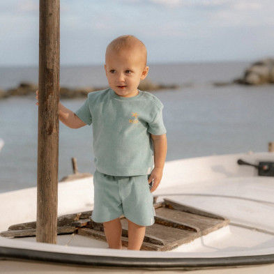 LITTLE DUTCH. Σετ μπλουζάκι και κοντό παντελονάκι Seashells and Stripes Surf Blue - Νο 62/68