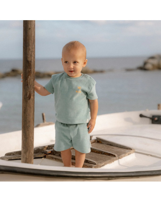 LITTLE DUTCH. Σετ μπλουζάκι και κοντό παντελονάκι Seashells and Stripes Surf Blue - Νο 98/104