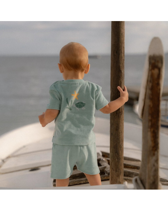 LITTLE DUTCH. Σετ μπλουζάκι και κοντό παντελονάκι Seashells and Stripes Surf Blue - Νο 74/80