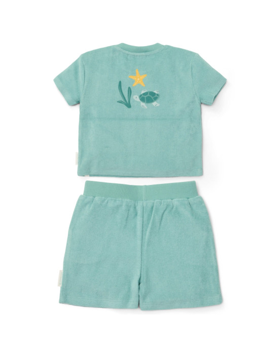 LITTLE DUTCH. Σετ μπλουζάκι και κοντό παντελονάκι Seashells and Stripes Surf Blue - Νο 62/68