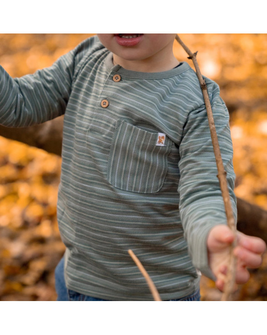 LITTLE DUTCH. Μπλουζάκι μακρυμάνικο με τσέπη Forest Green Stripe - Νο 80