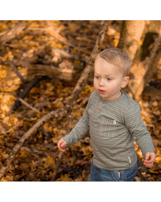 LITTLE DUTCH. Μπλουζάκι μακρυμάνικο με τσέπη Forest Green Stripe - Νο 80