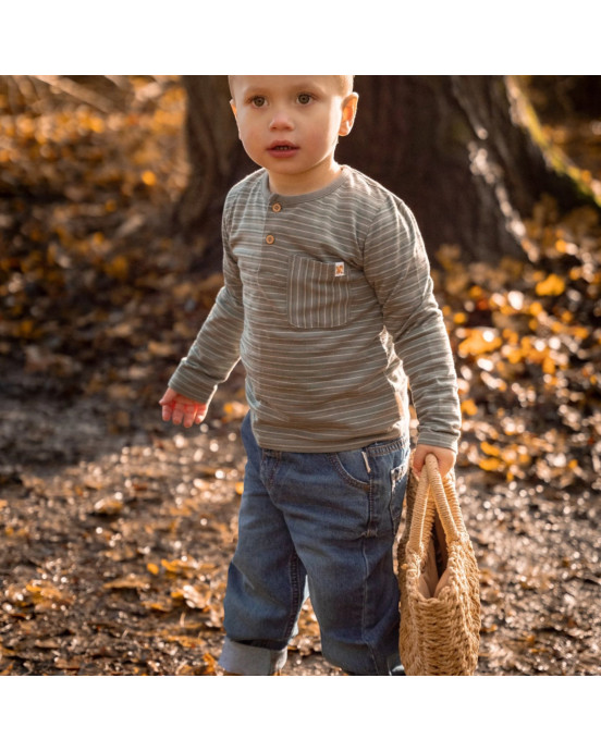 LITTLE DUTCH. Μπλουζάκι μακρυμάνικο με τσέπη Forest Green Stripe - Νο 80