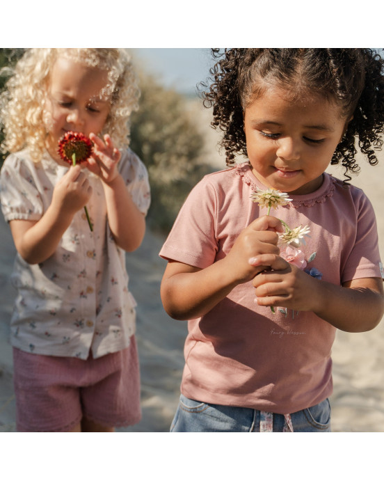 LITTLE DUTCH. Μπλουζάκι κοντομάνικο με ανάγλυφα λουλούδια Pink Blush - Νο 86