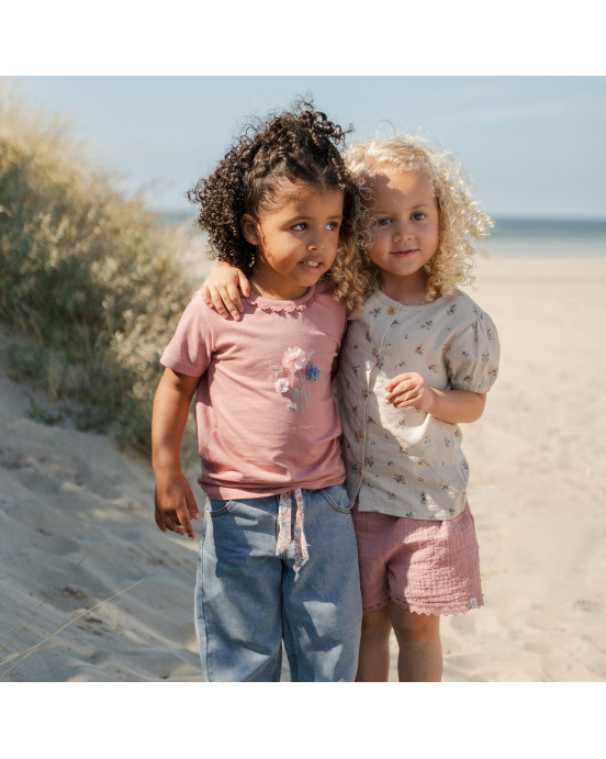 LITTLE DUTCH. Μπλουζάκι κοντομάνικο με ανάγλυφα λουλούδια Pink Blush - Νο 80