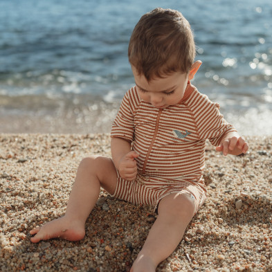 LITTLE DUTCH. Ολόσωμο κοντομάνικο μαγιό Ocean Brown Stripes - Νο 98/104