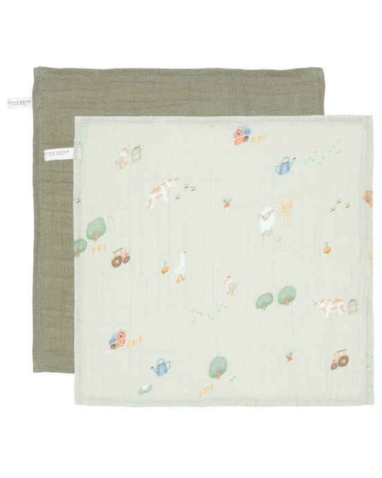 LITTLE DUTCH. Σετ 2 πανάκια προσώπου από μουσελίνα Little Farm / Olive