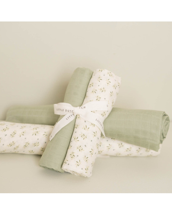 LITTLE DUTCH. Σετ 2 πανάκια αγκαλιάς από μουσελίνα Blueberry Leaves / Sage 70x70