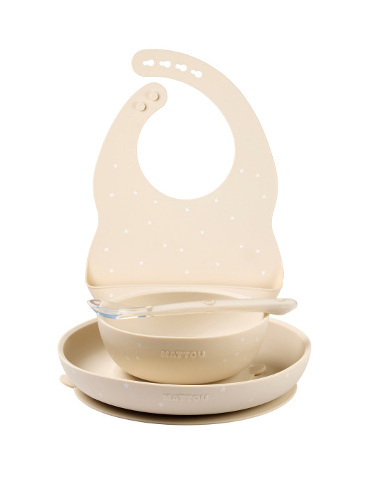 SILICON. Σετ φαγητού 4 τεμαχίων με σαλιάρα (μπεζ με αστεράκια)