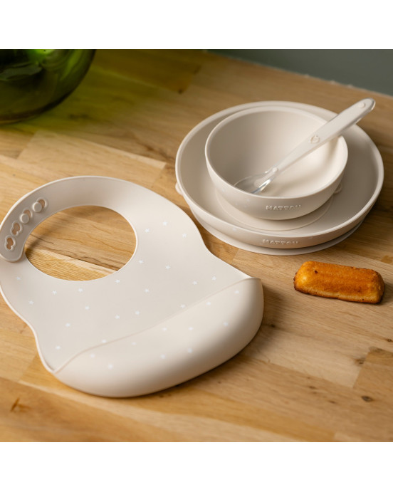 SILICON. Σετ φαγητού 4 τεμαχίων με σαλιάρα (μπεζ με αστεράκια)