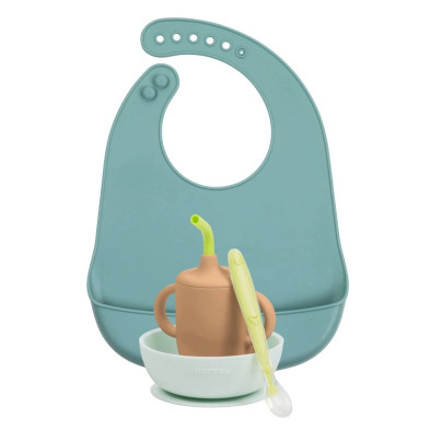 SILICON. Σετ φαγητού 4 τεμαχίων με σαλιάρα και ποτήρι (απαλό πράσινο)