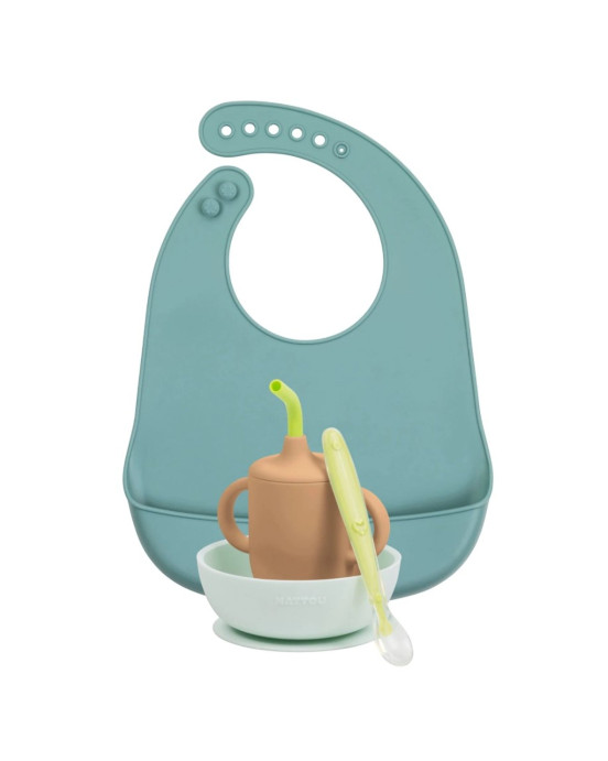 SILICON. Σετ φαγητού 4 τεμαχίων με σαλιάρα και ποτήρι (απαλό πράσινο)