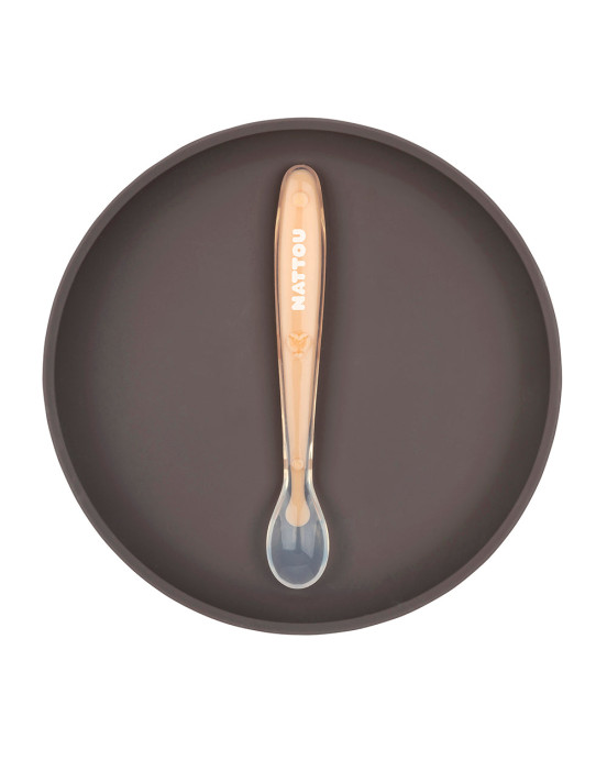 SILICON. Σετ φαγητού 2 τεμαχίων πιάτο-κουτάλι (πορτοκαλί-μωβ μελιτζάνας)